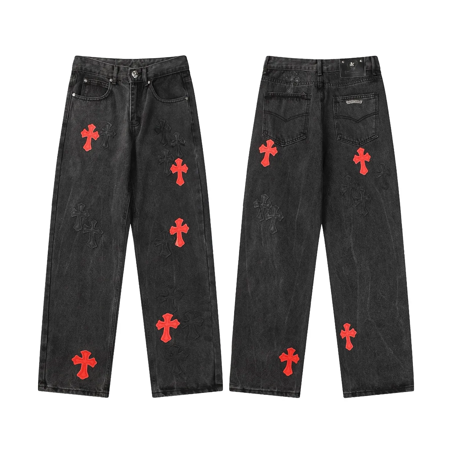 KE956 P240 The only correct leather label version on the market Chrome Hearts CH Red and black leather washed jeans Top ceiling quality 100% correct version The correct version is here!  Believe me this must be the best quality you will ever come across! ! Excellent value for money! !  Styles with different washes and textures are very friendly to people with thin legs and thick legs. The straight version is very flattering to the shape of the legs. The moderate length is timeless and easy to match. It is the basis of various styles and a must-have in the wardrobe! ! Add a little stacking to make the atmosphere easy to control. The fabric is stiff but the upper body is soft without losing texture. The sides and cuffs of some styles have a bone-wash effect. It’s really hard not to love it!  ✅Correctly customize the Croxin metal leather label on the back panel. It is definitely not sold directly with the cross on the finished jeans. 1:1 copying strives for excellence and the details are perfectly grasped. ✅The cross leather label is clear and smooth. Exquisite turning top craftsmanship. ✅Buttons, zippers and hardware are all customized versions of the Croxin LOGO. ✅High-cost washing process. Size: 28 30 32 34 36